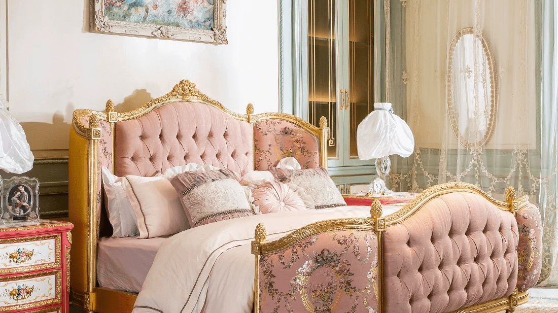 Blush French Rococo Bedroom: Jacquard Bed at the Heart of Opulence - RITONG HOME Furnishing