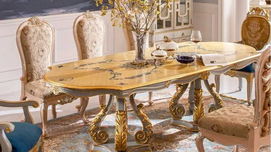 Gilded French Rococo Dining Set: D-085 Pedestal Table & DC-085 Upholstered Chair - RITONG HOME Furnishing
