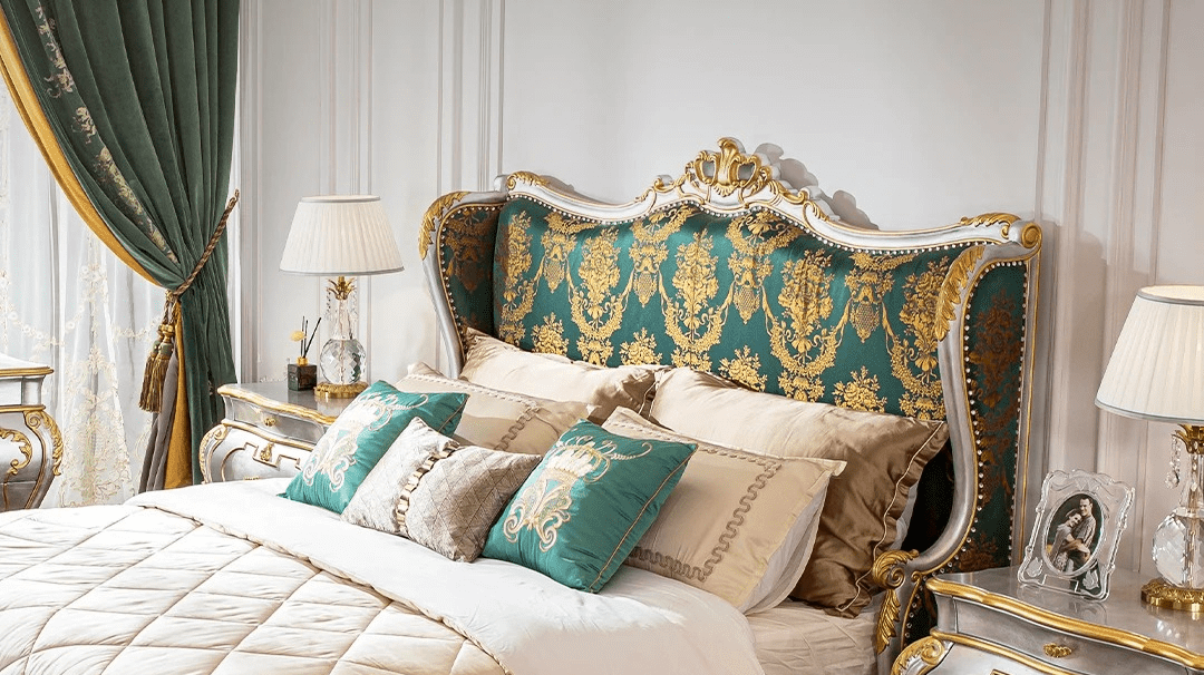 Green French Baroque Bedroom Set: B-086 Green Bed Frame & N-086 Antique Nightstand - RITONG HOME Furnishing