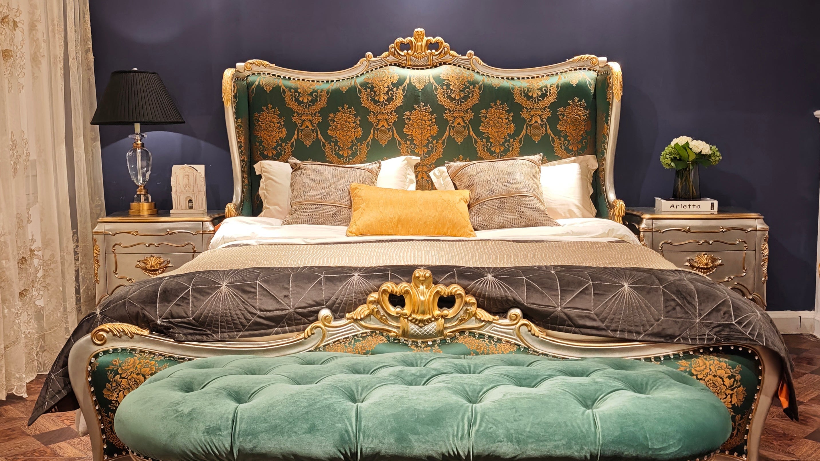 Green Velvet Bed: French Silver Nightstand & Bedroom French Bench Set - RITONG HOME Furnishing