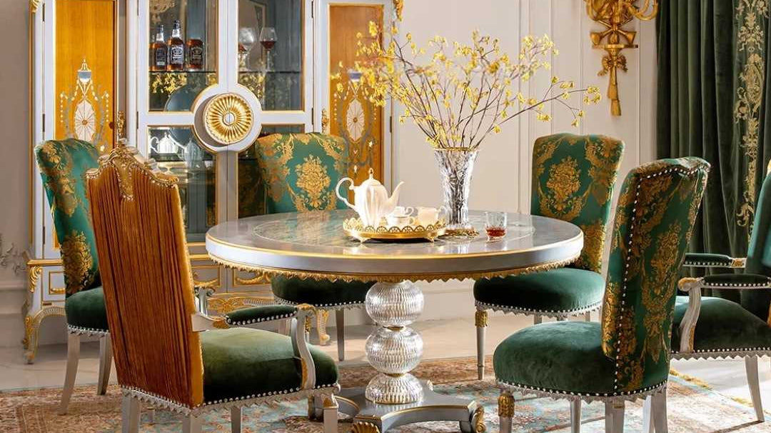 Teal French Baroque Round Wood Dining Table D-086: A Luxurious Gathering Center - RITONG HOME Furnishing