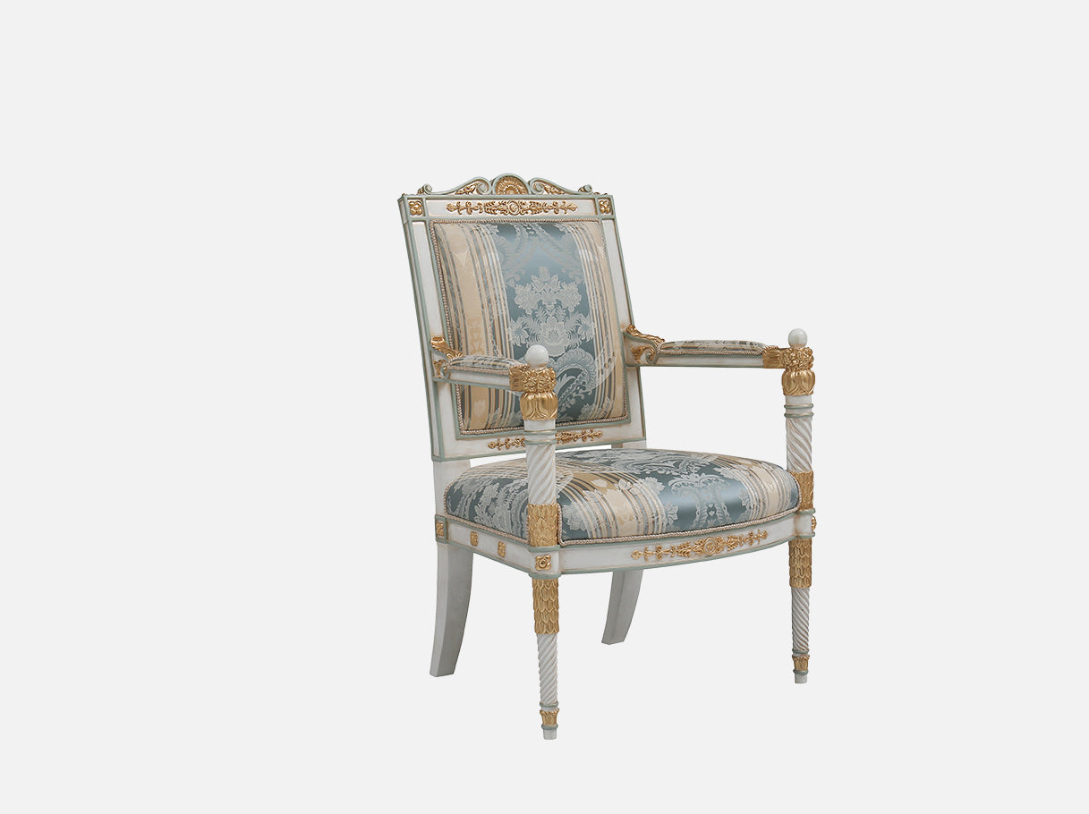 Side view of A-1124 wooden armchair showcasing its hand-carved frame, gold leaf accents, and jacquard fabric