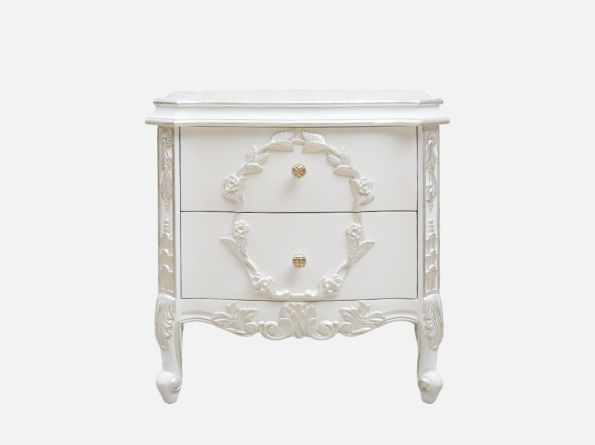 Front view of N-011 wood nightstand — beech wood carved frame, silver leaf accents, white finish, and French Rococo design