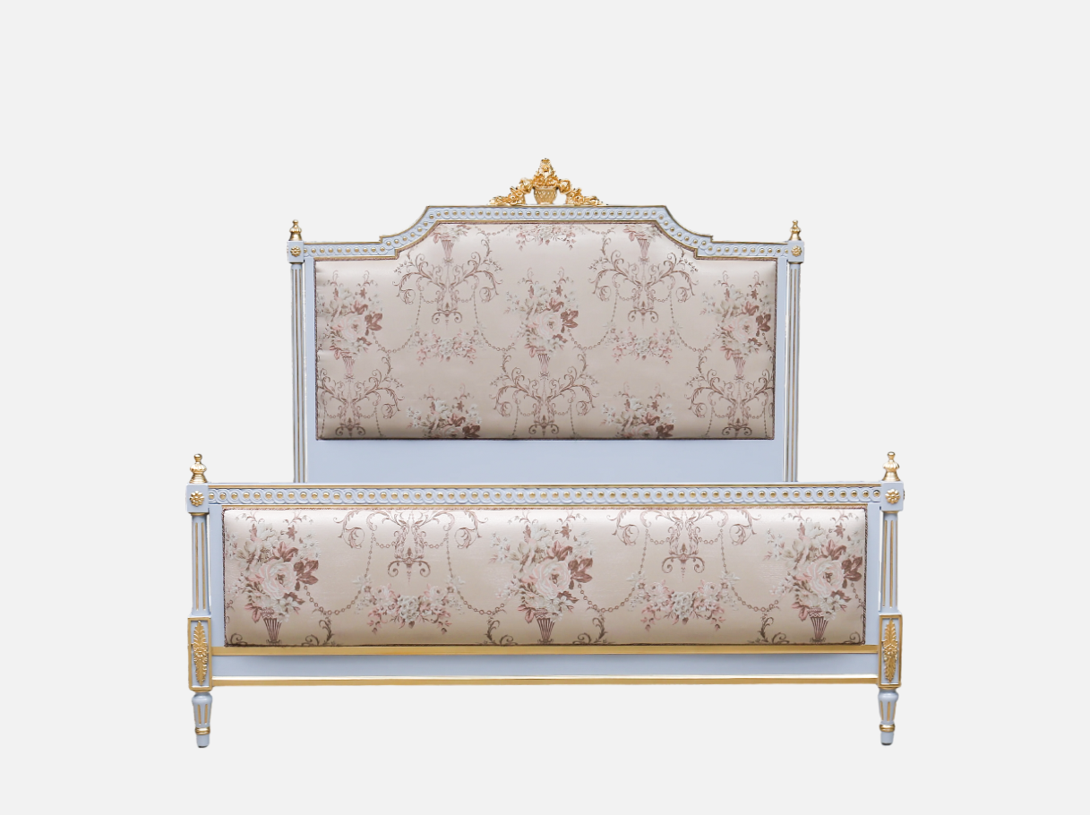 Front view of Pink Bed Frame B-072 showcasing its hand-carved frame, gold leaf accents, and pink jacquard upholstery