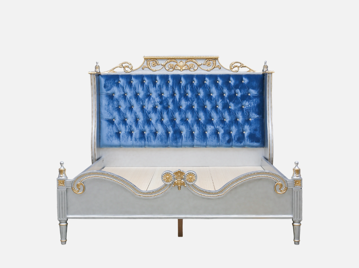 Front view of B-1123 fancy bed frame — beech wood carved frame, gold leaf accents, blue velvet headboard, and regal baroque design