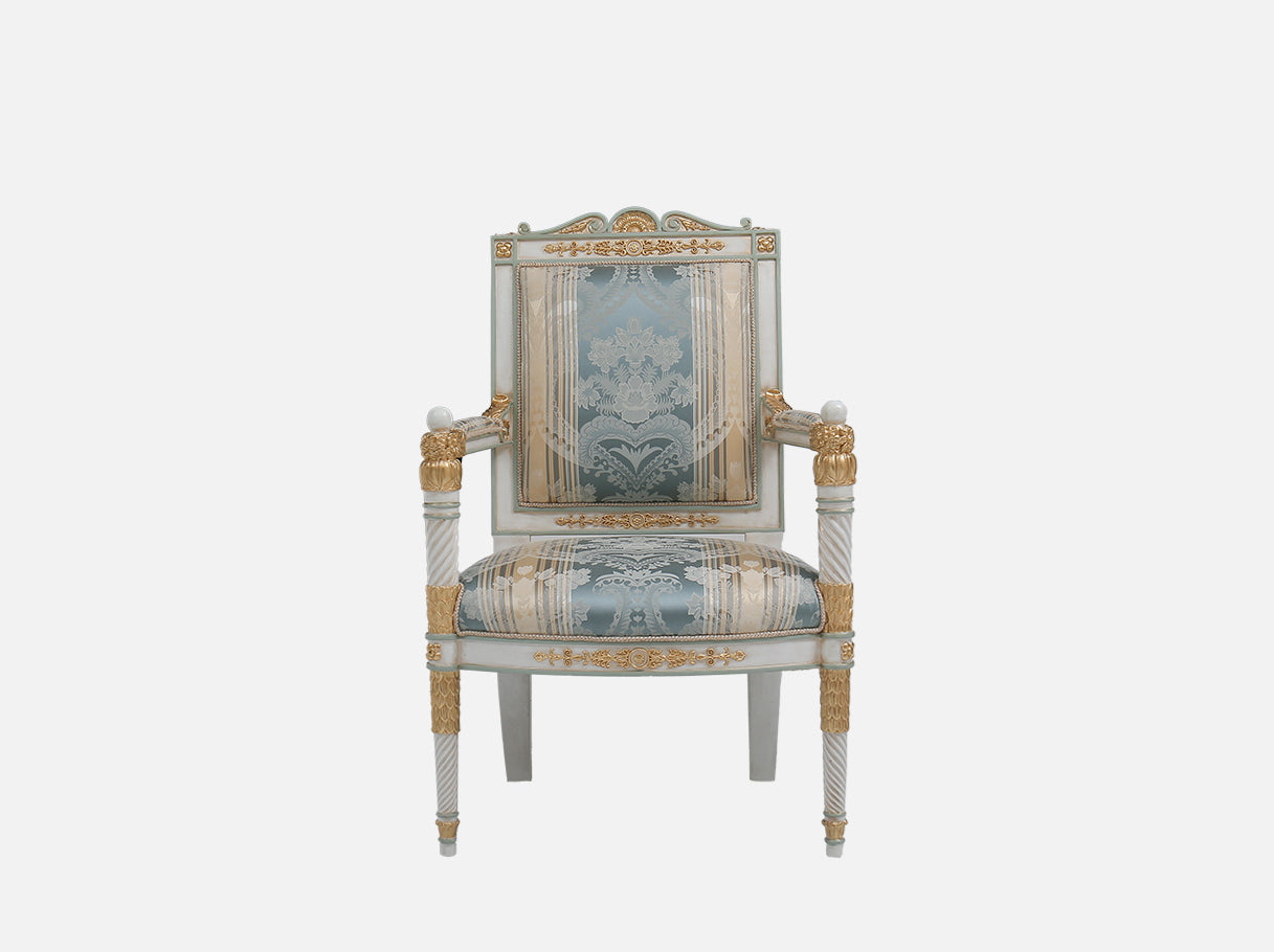 Front view of A-1124 wooden armchair highlighting its ornate silhouette, gold leaf trims, and jacquard upholstery