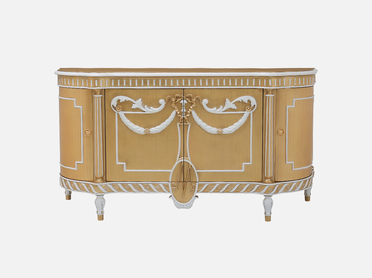 Front view of R-087-1 vintage sideboard showcasing its hand-carved frame, gold leaf accents, and cabinet design