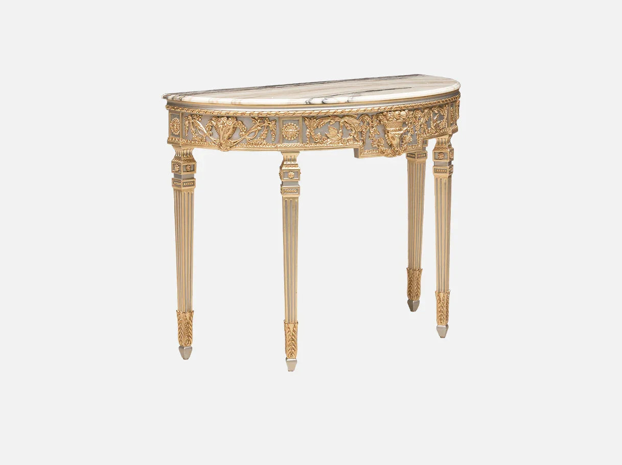 Angled side view of antique-inspired gold console table CS-0063, showing curved silhouette and carved detailing.
