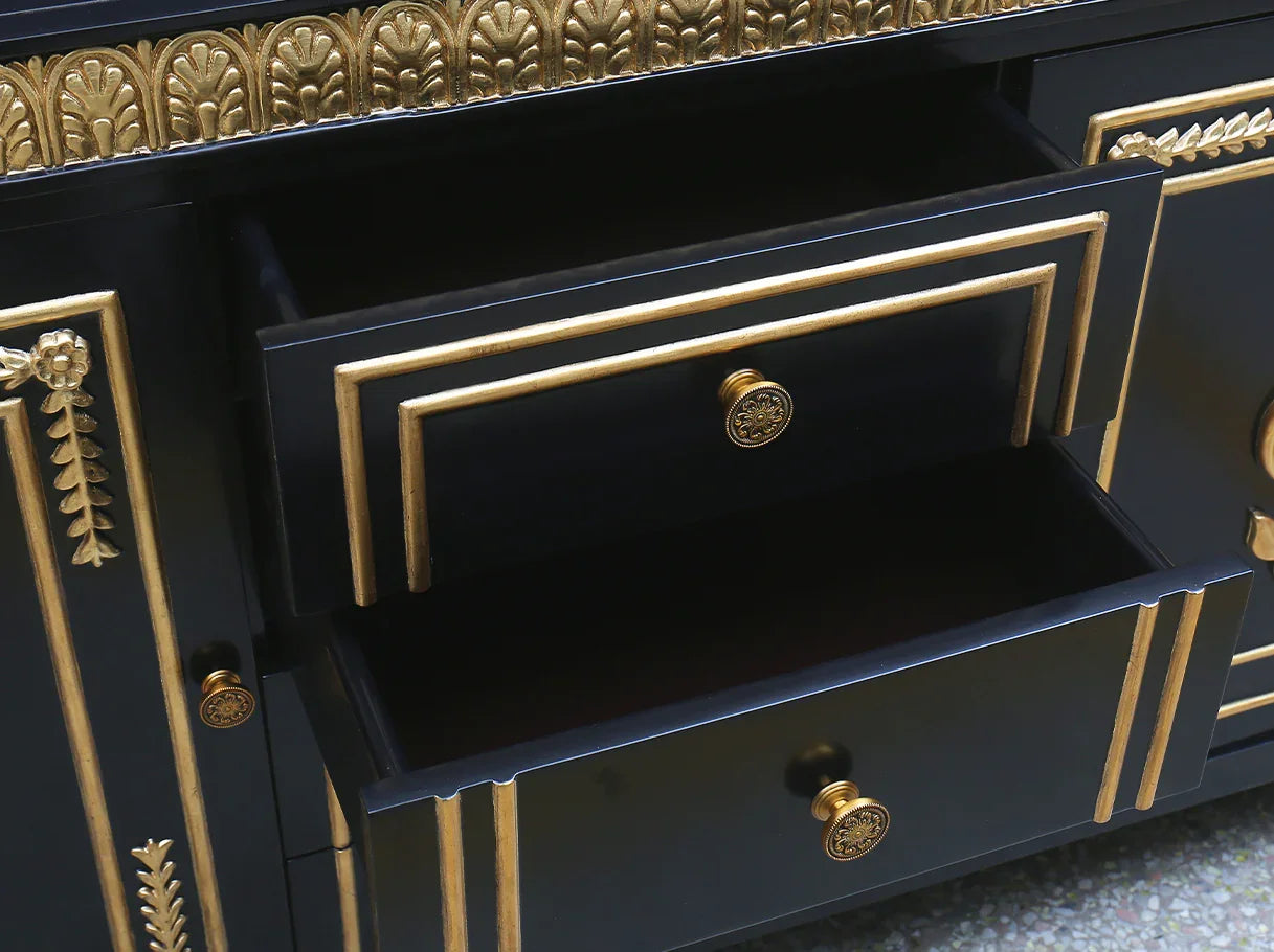 Black sideboard R-077 open drawer: Spacious storage, smooth interior, gold drawer knobs – showcases functional luxury.