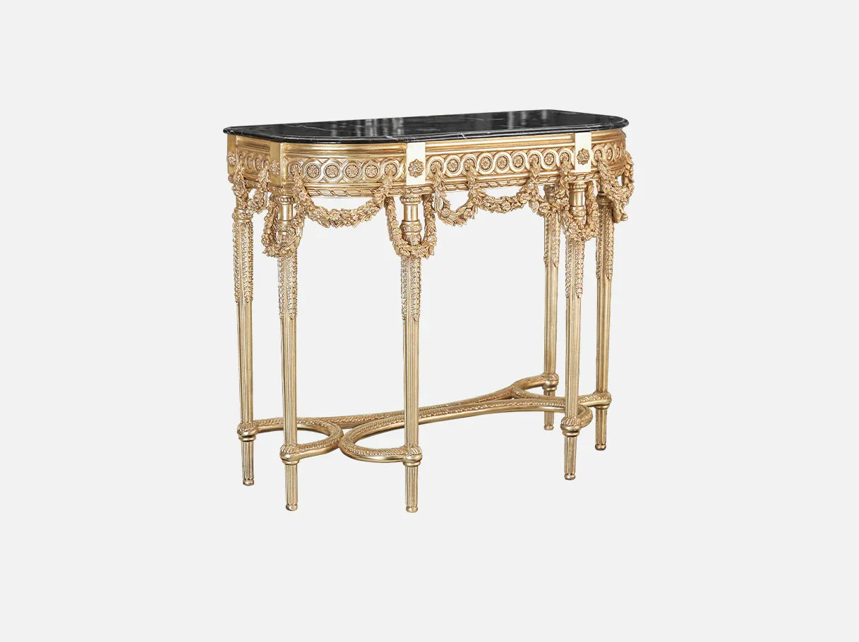 Angled view of antique-inspired retro console table CS-0238 with six carved legs, gold leaf detailing, and semi-oval marble top.