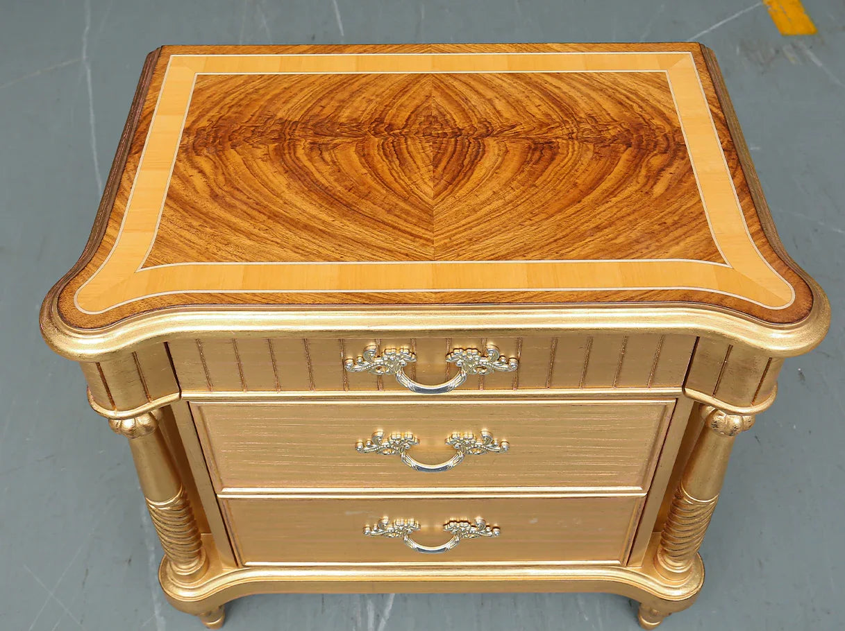 Wood veneer tabletop of gold nightstand for luxury French style bedroom furniture