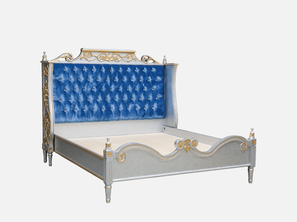Side view of B-1123 fancy bed frame — beech wood carved frame, gold leaf accents, and blue velvet headboard
