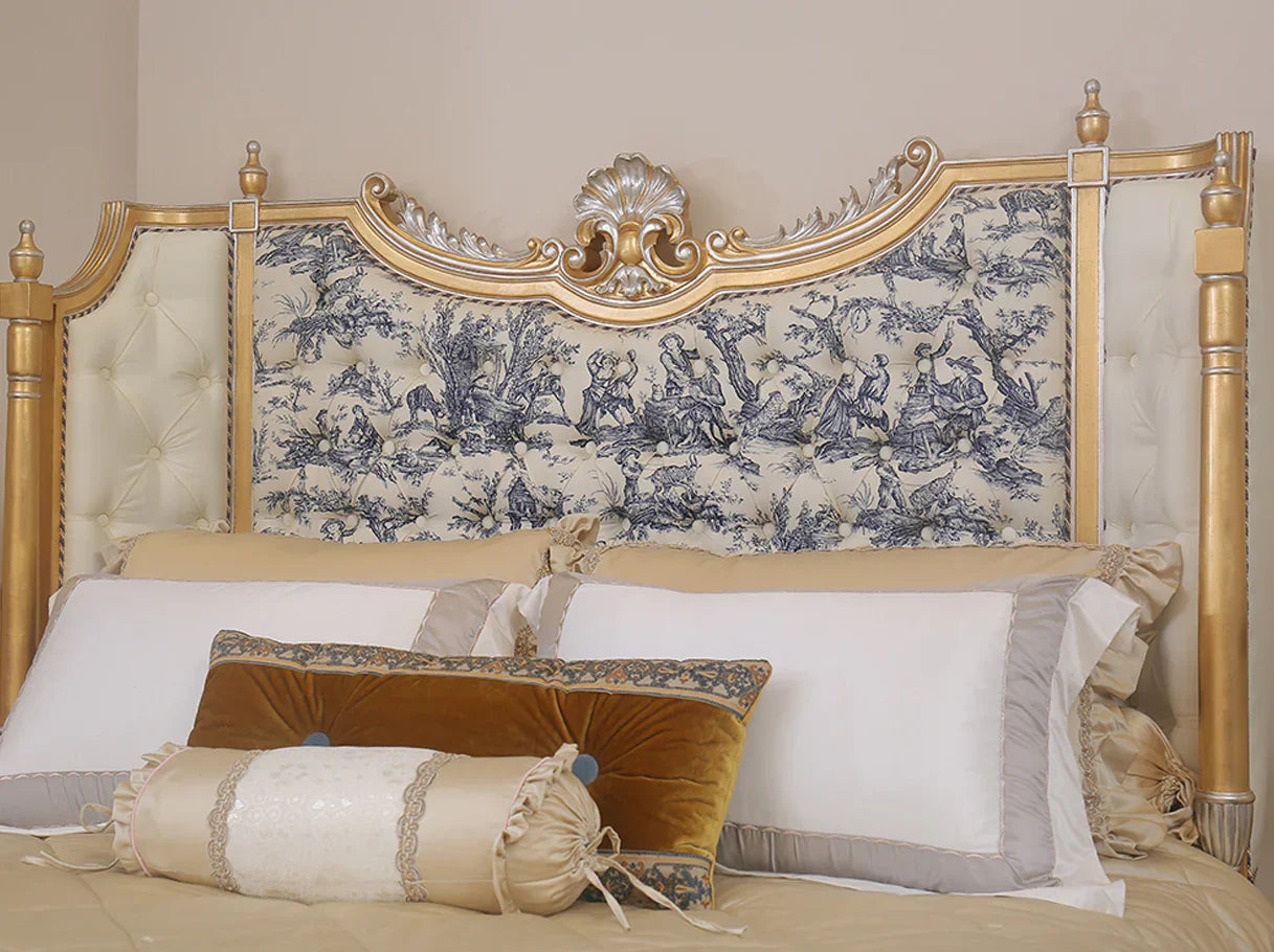 Close-up of B-072 French bed headboard with jacquard textile panel and carved crown details.