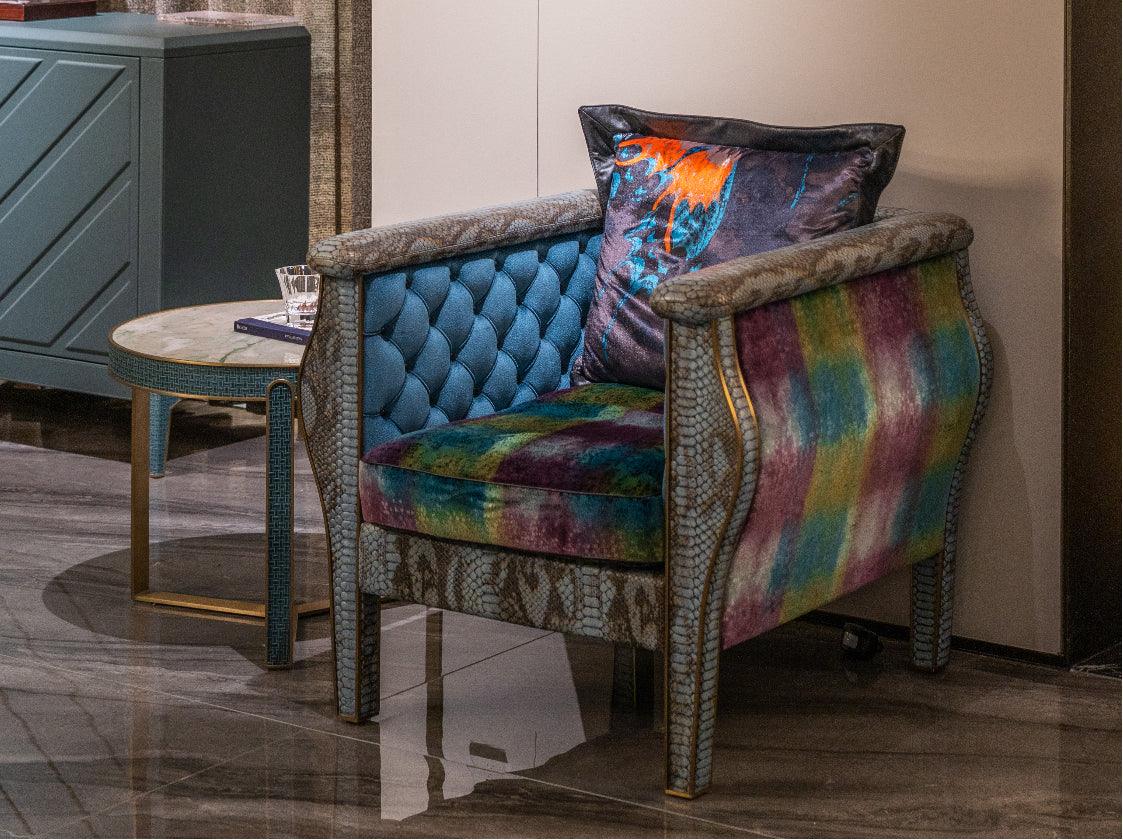 Modern upholstered armchair MA-1187 with jacquard velvet seat and pillow