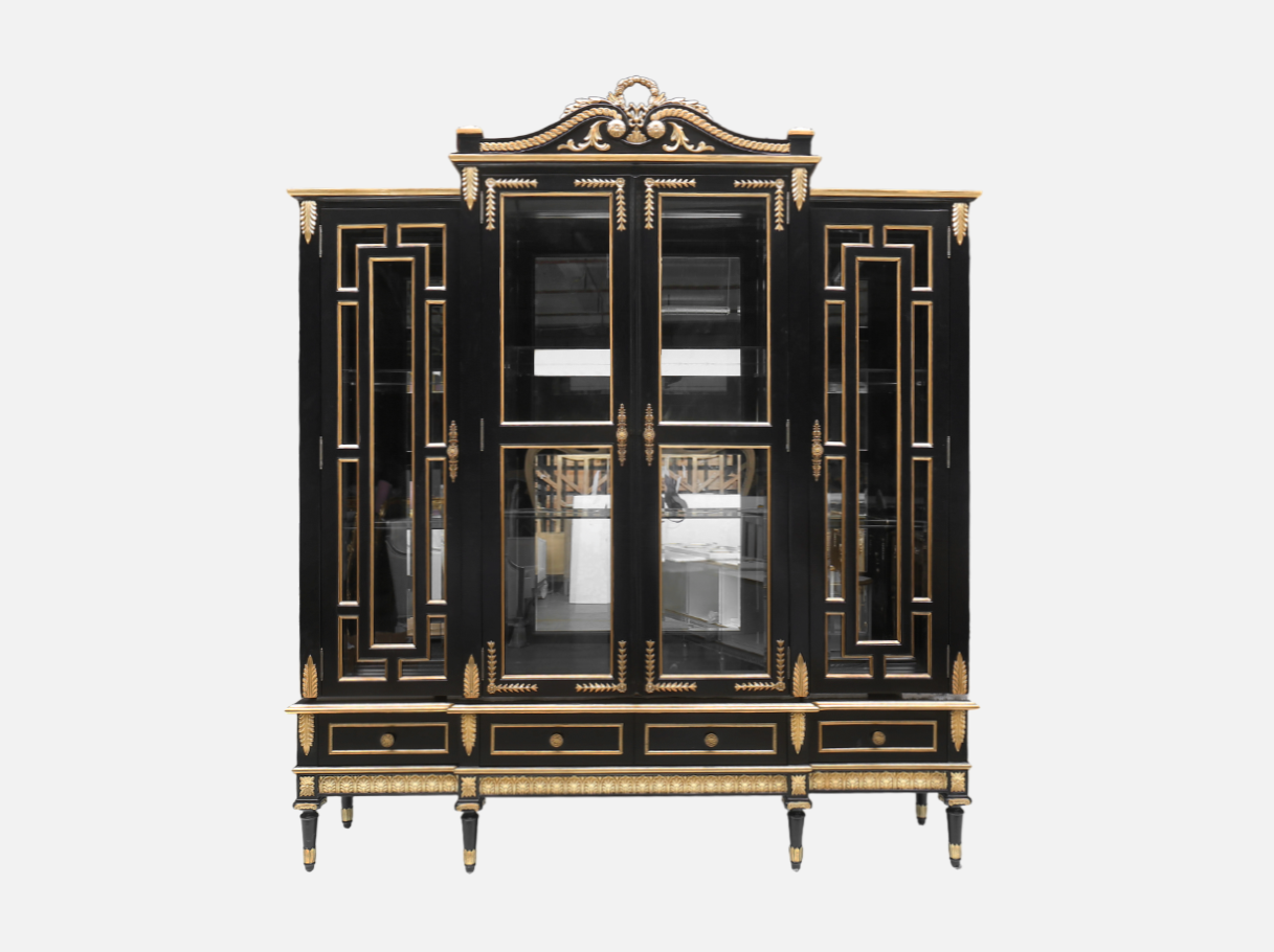 Front view of C-077 alcohol cabinet — beech wood carved frame, gold leaf accents, glass doors, and French Neoclassical design