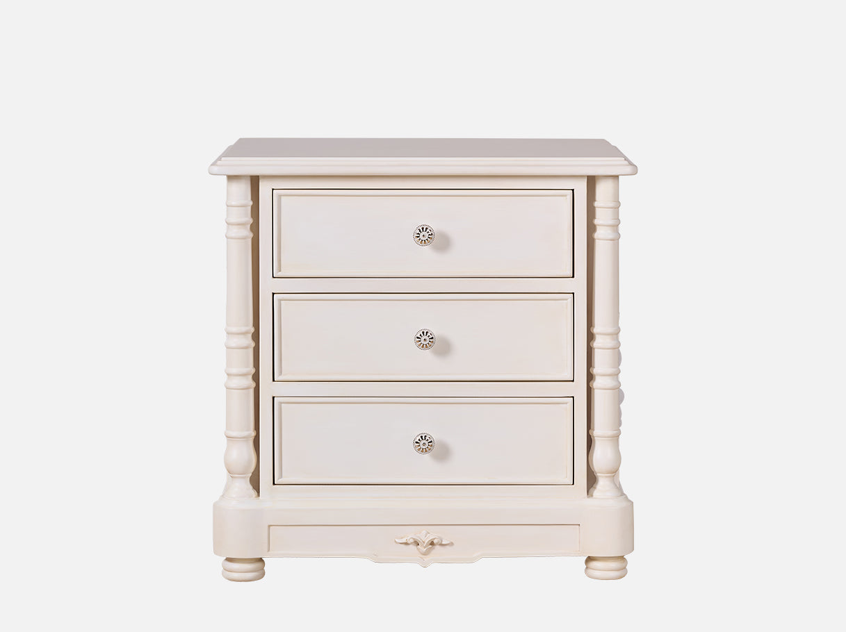 Front view of Cream Nightstand N-3844 — beech wood carvings, 3 drawers, French provincial style