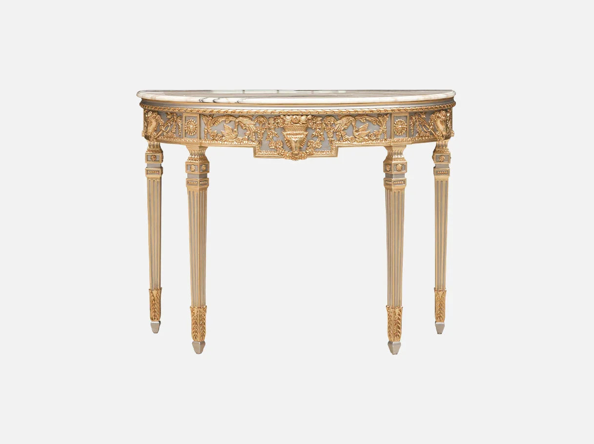Front view of gold console table CS-0063 with half-moon marble top, ornate apron carvings, and fluted legs in gold leaf.