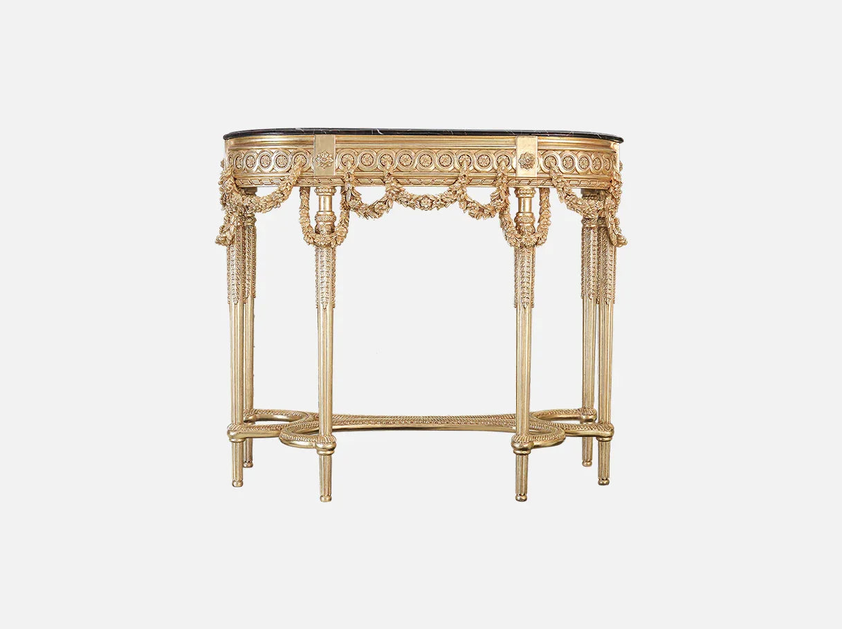 Front view of retro console table CS-0238 with black marble top, gold leaf carved beechwood frame, garland apron and fluted legs.
