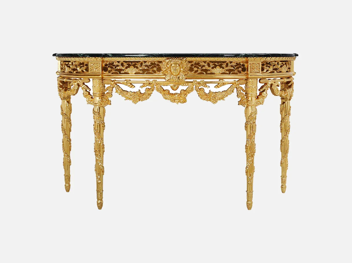 Front view of vintage console table CS-0305 with rectangular marble top, gold leaf carved beechwood frame, and ornate garland details for luxury interior living room.