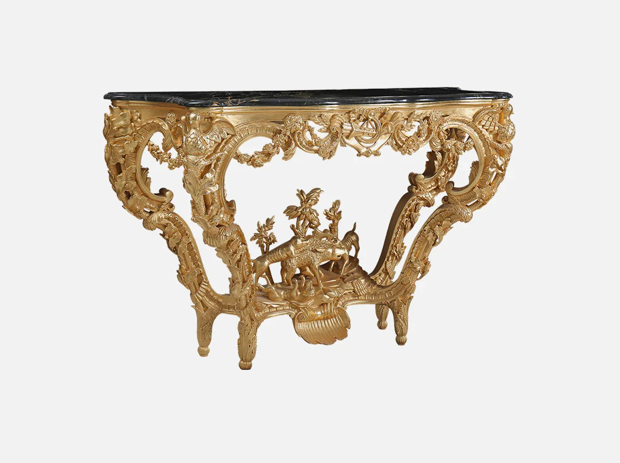 Elegant retro console table CS-0023 with gold carved frame, marble top, and intricate detailing, crafted for luxury interior living room.
