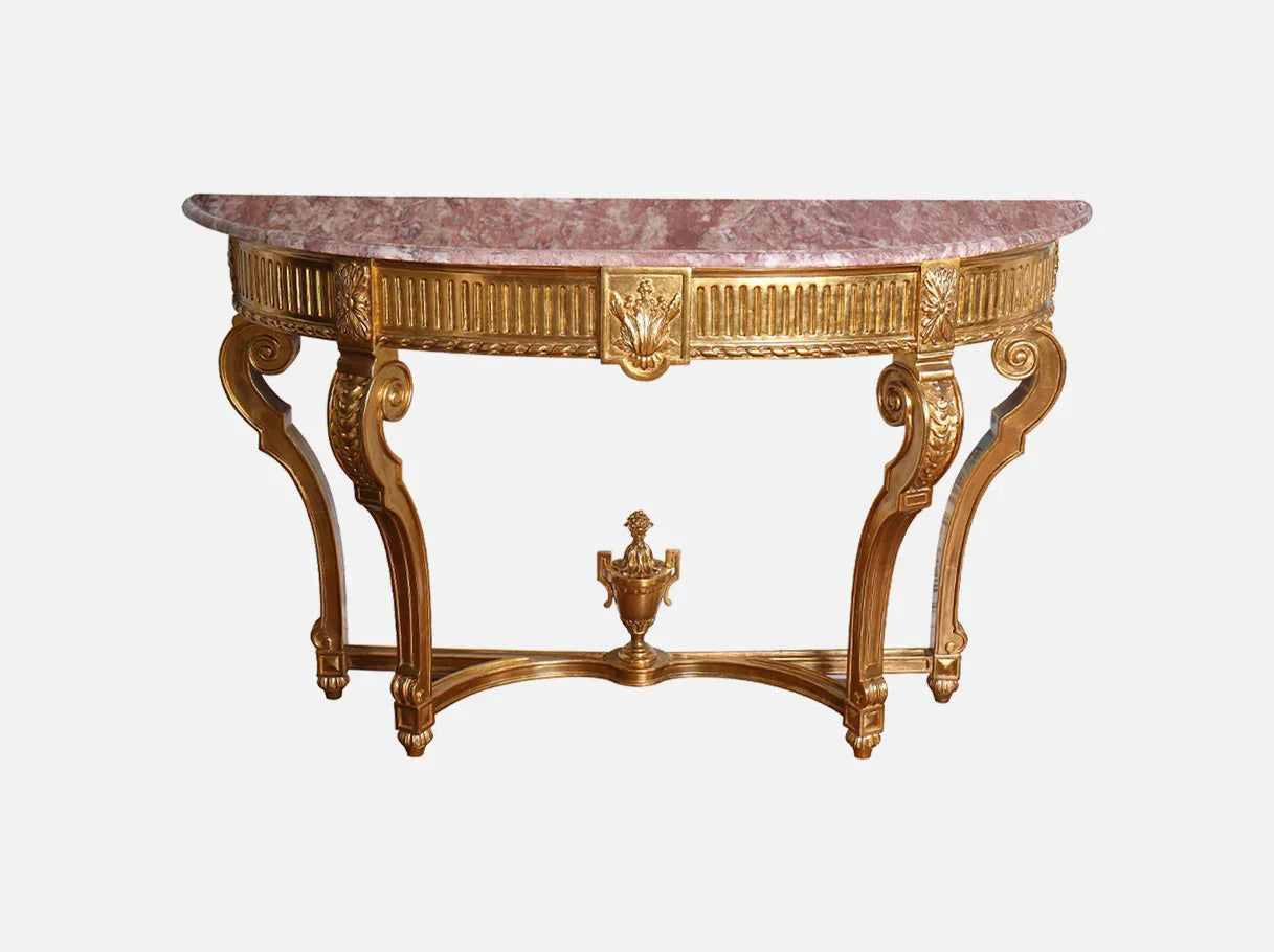 Front view of gold console table CS-0049 with hand-carved beechwood frame, gold leaf finish, and marble top designed for luxury interiors.