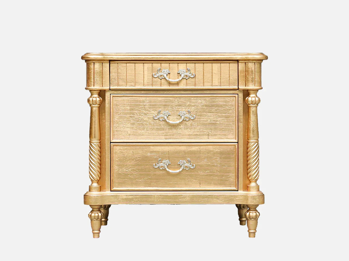 Gold nightstand N-048 with three drawers and carved spiral legs – French antique bedside table
