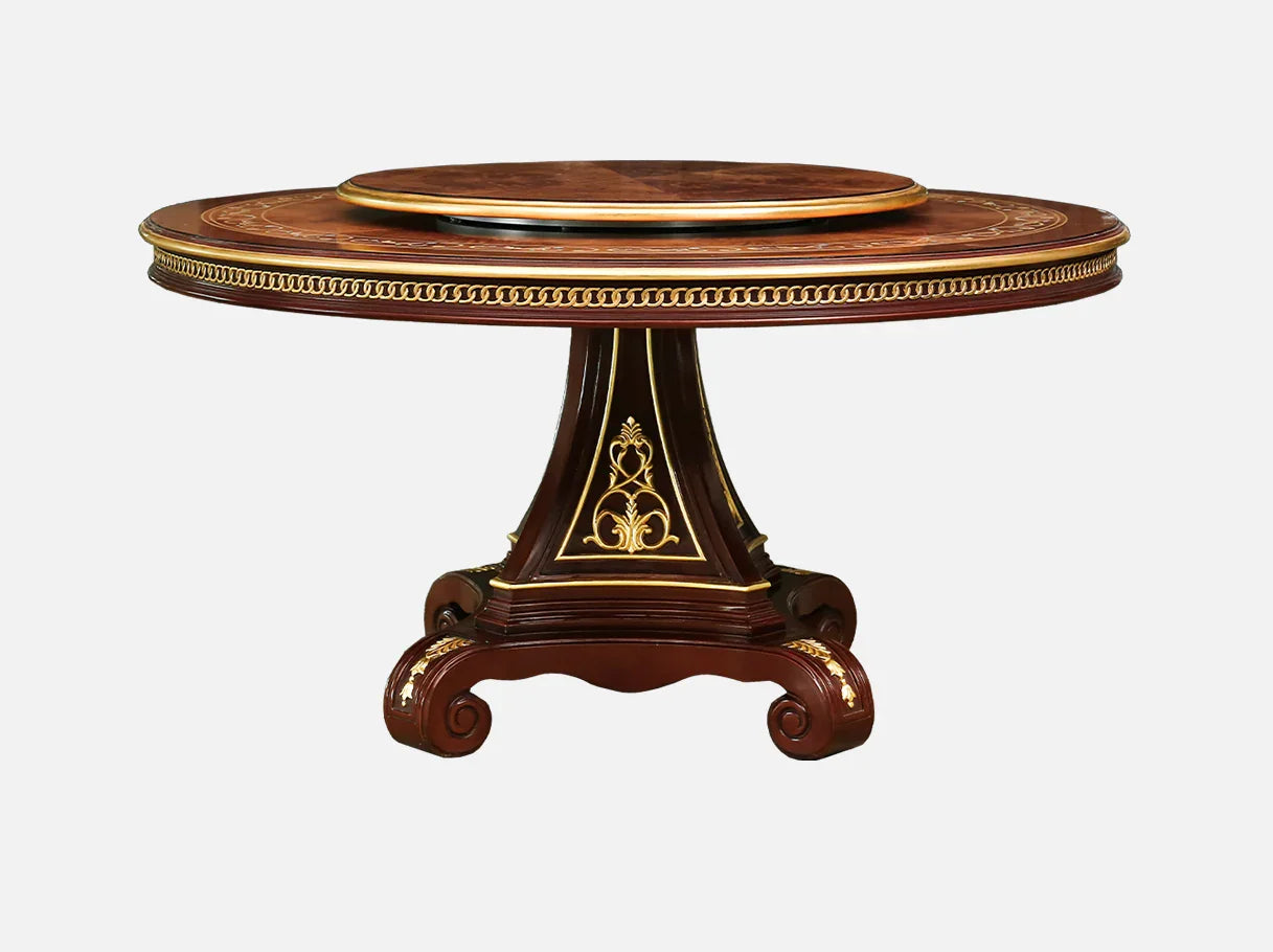 Dark wood dining table D-368 front view: Carved base, gold leaf accents, wood-veneer top with rotating tray – fits high-end dining rooms.