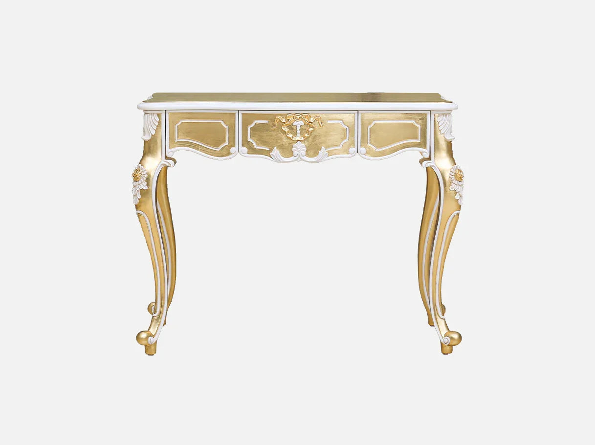 Gold vanity V-087 with ornate carved beechwood frame, luminous gold leaf finish, and elegant drawer detailing.