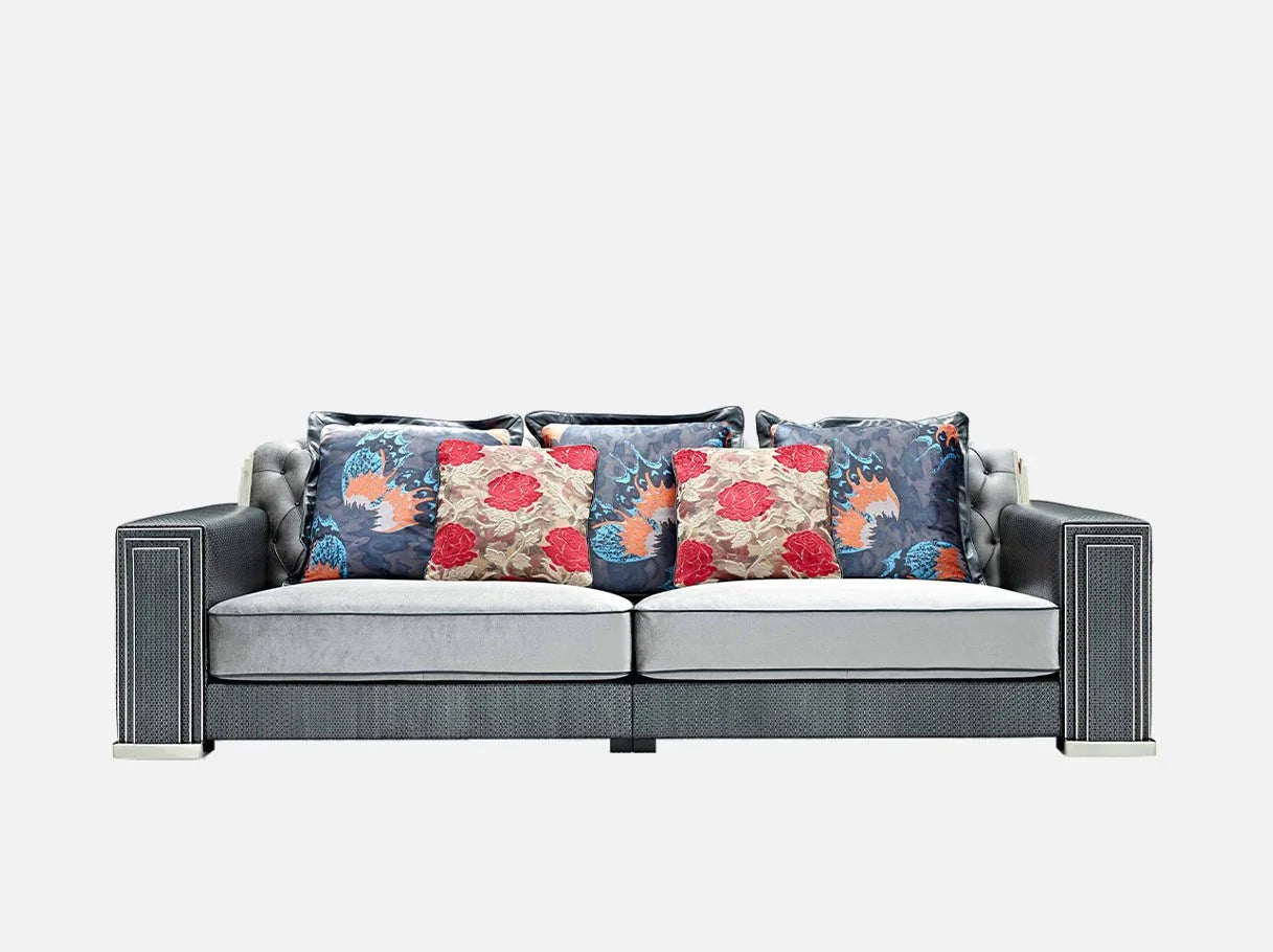 Front view of MS-2253 modern gray sofa with gray burnout velvet and colorfu cushions – Art Deco luxury furniture