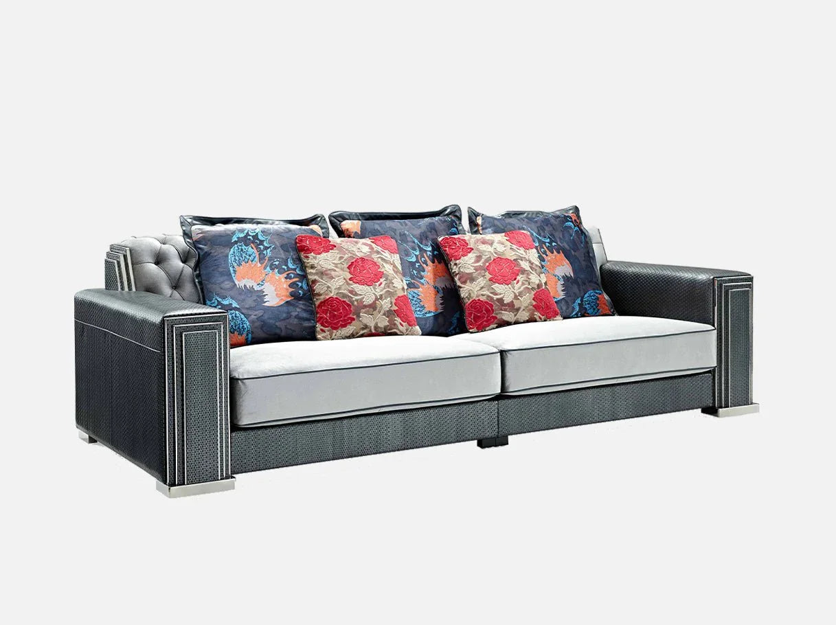 Side angle of MS-2253 modern gray sofa showcasing 304 stainless steel frame details and tailored gray silhouette