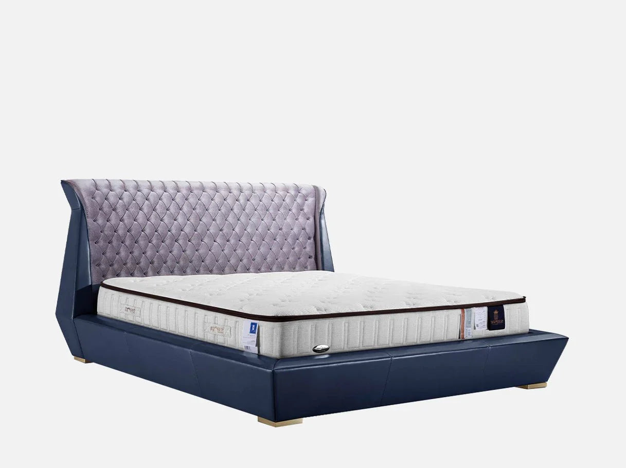 Angle view of MB-2535 velvet bed frame showcasing brass-plated 304 stainless steel details for modern luxury bedroom interiors