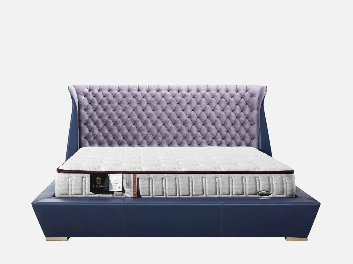Front view of MB-2535 velvet bed frame – high end bedroom furniture with diamond-tufted wingback headboard and navy blue leather base