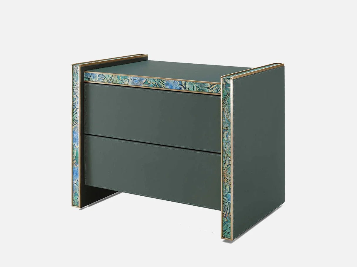 Side angle view of Modern Art Deco nightstand in green finish