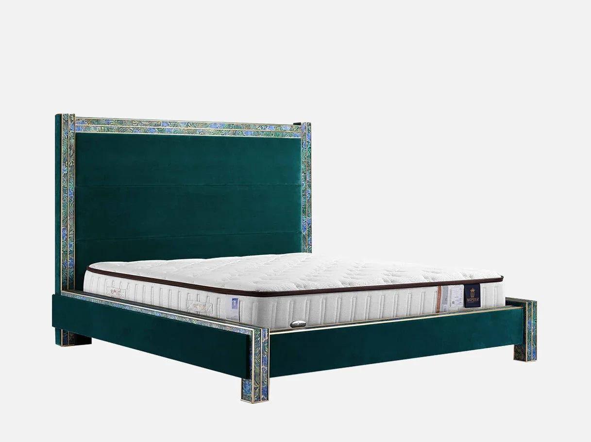 Side view of MB-2606 modern bed with embossed cowhide leather and Art Deco details