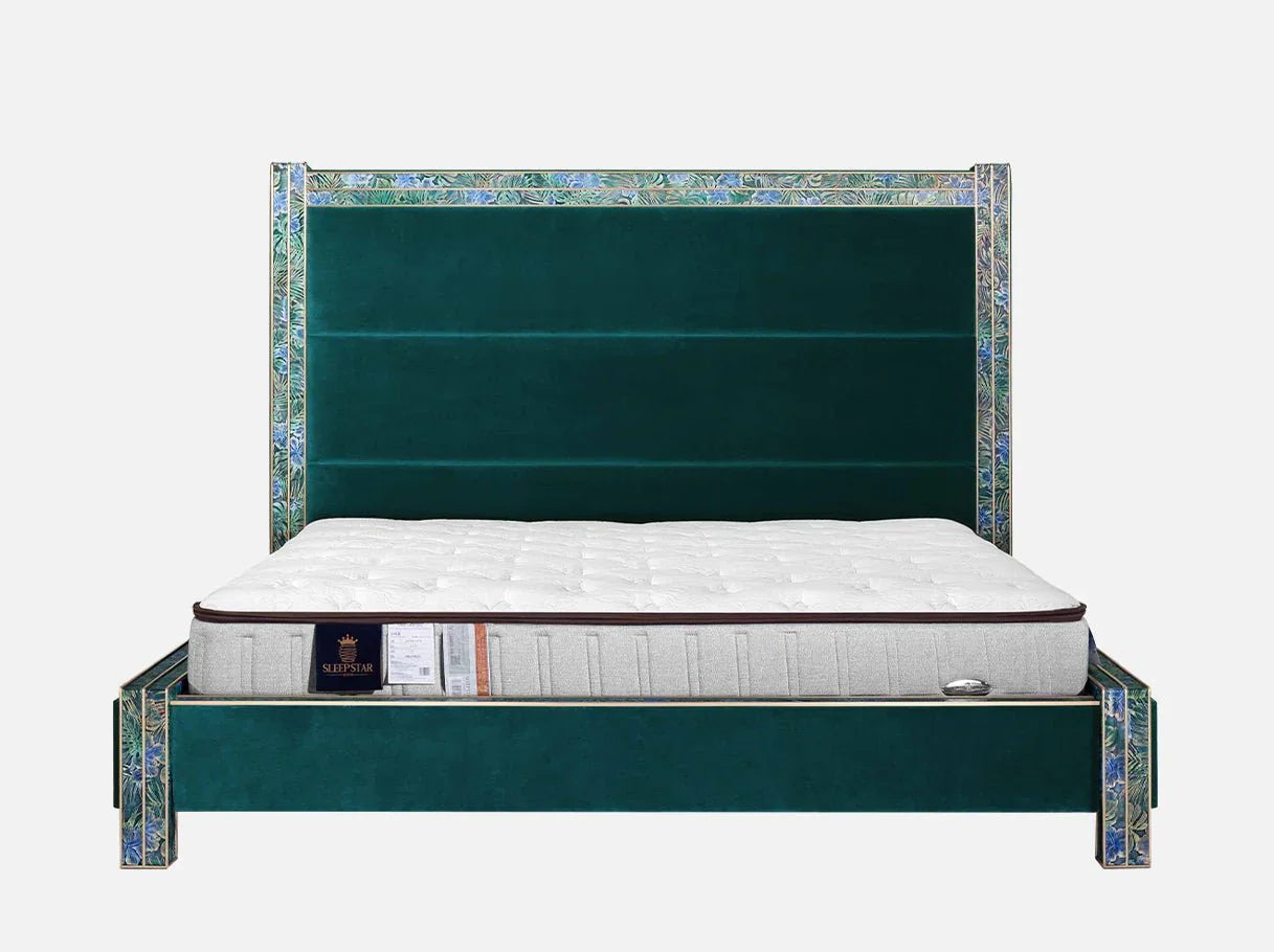 Art Deco bed MB-2606 with upholstered velvet headboard and brass-plated stainless steel frame