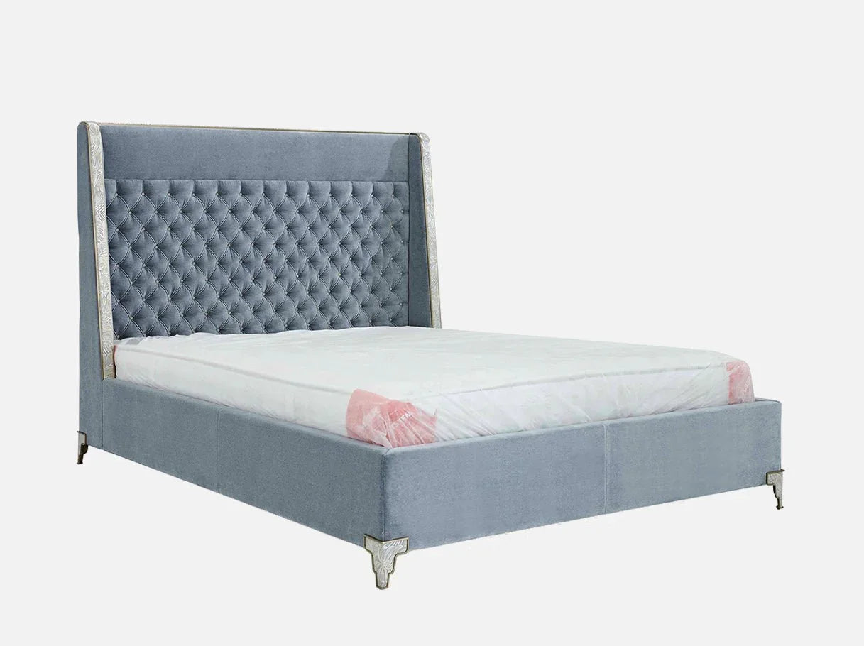 Angle view of MB-2783 luxurious velvet bed showcasing 304 stainless steel brass-plated details for modern luxury interiors