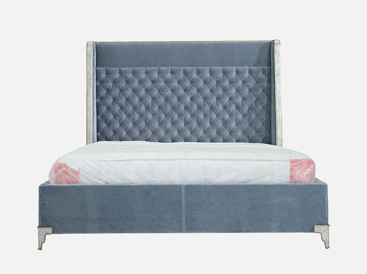 Front view of MB-2783 luxurious velvet bed – Art Deco design with diamond-tufted slate blue velvet headboard and brass-plated accents
