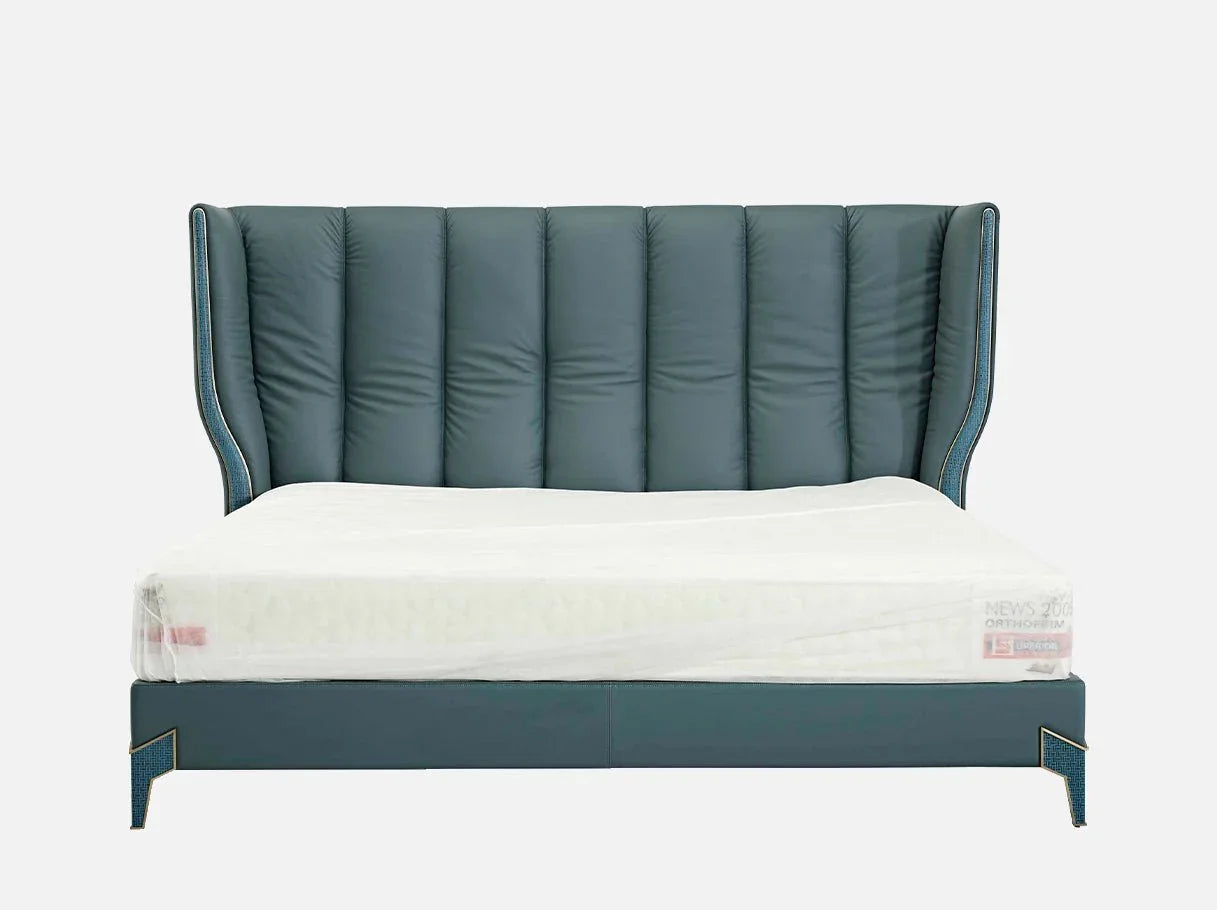 Front view of MB-2930 luxury bed with leather – high end bedroom furniture with teal wingback headboard and woven-embossed leather