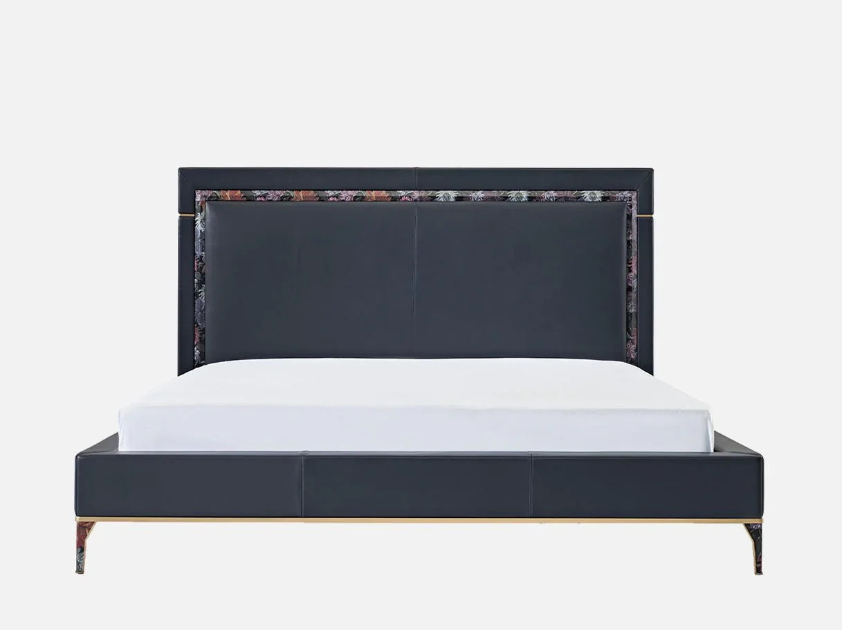 Front view of MB-3088 artdeco leather bed — high-end bed with black leather headboard, embossed leather trim, and brass-plated accents
