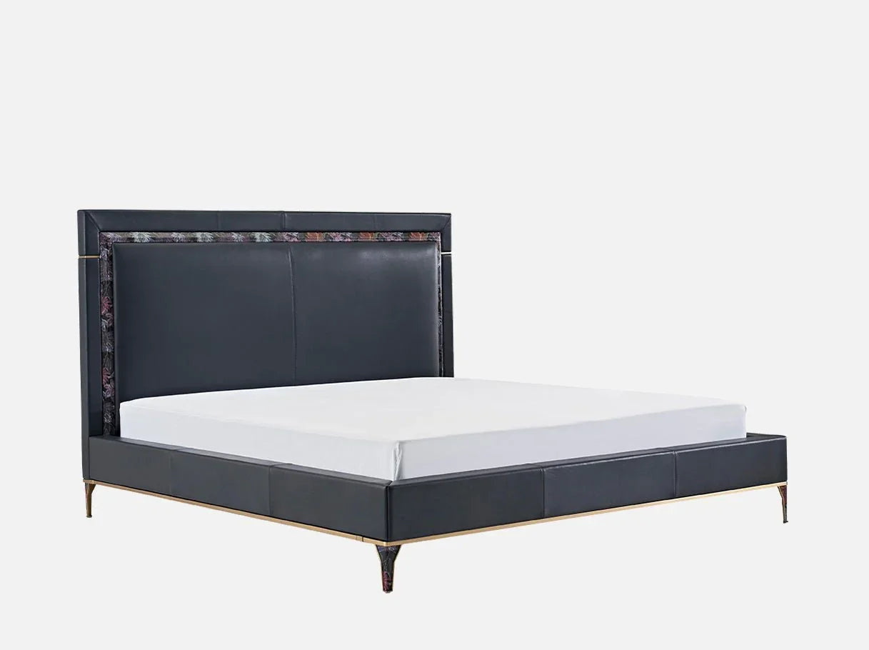 Angle view of MB-3088 artdeco leather bed showcasing 304 stainless steel brass-plated details and Art Deco-inspired design