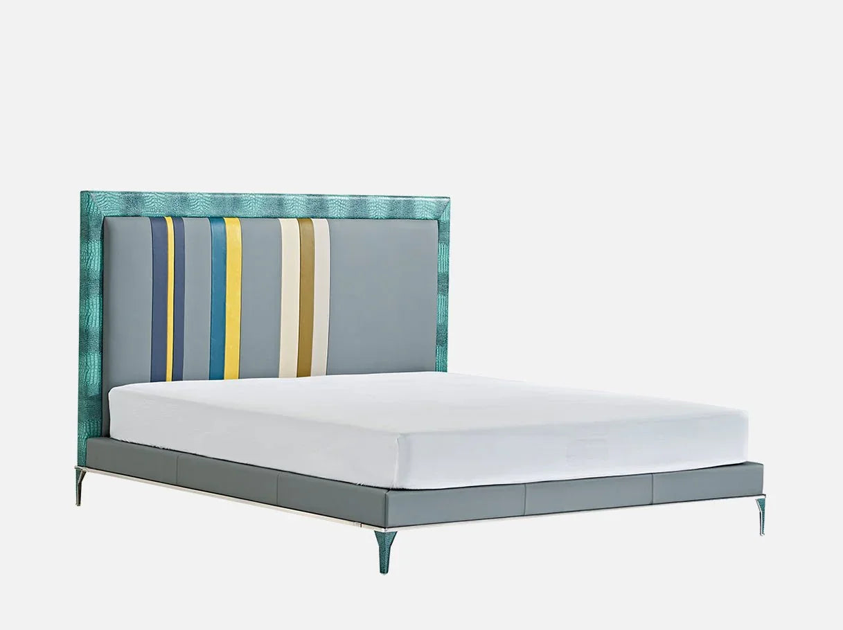 Angle view of MB-3088 leather bed frame showcasing brass-plated 304 stainless steel details for modern luxury bedroom interiors