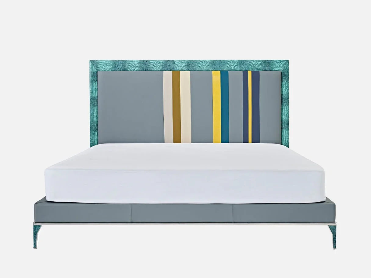 Front view of MB-3088 leather bed frame – high end bedroom furniture with colorful striped headboard and crocodile-embossed leather