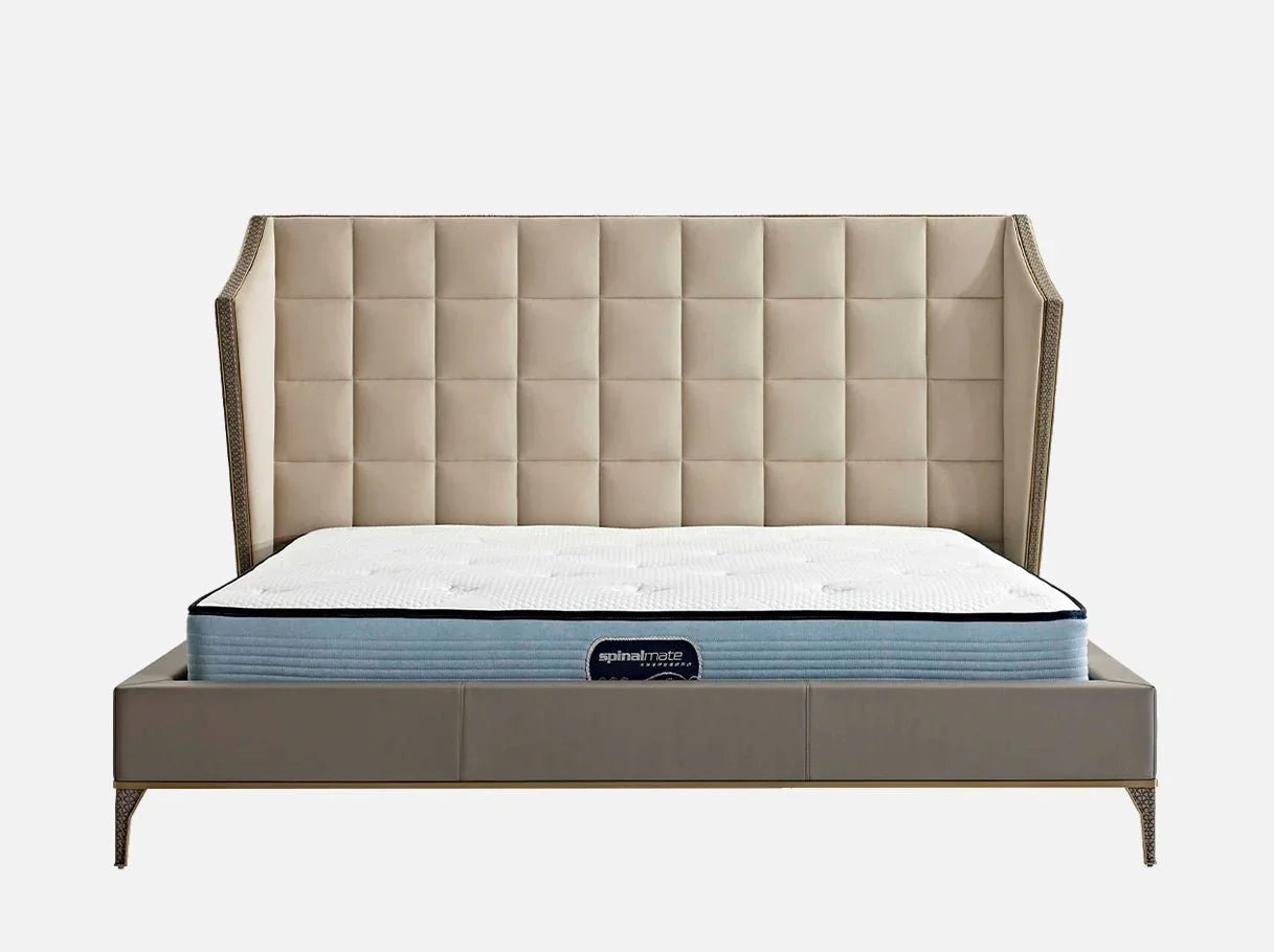 Front view of MB-3115 high end wingback bed – Art Deco design with hexagram-embossed cowhide and neutral velvet upholstery