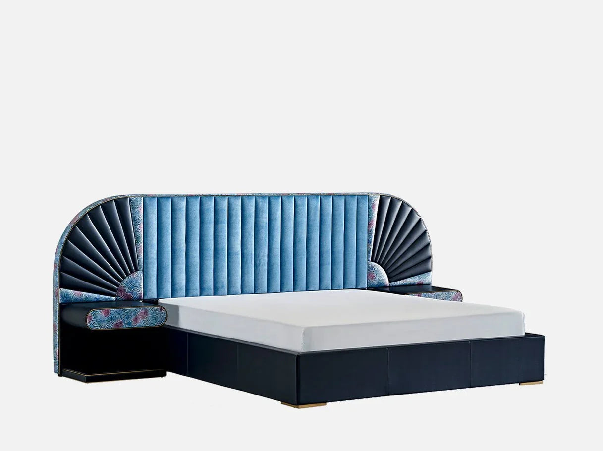 Angle view of MB-3167-1 art deco bed showcasing 304 stainless steel brass-plated details and Art Deco-inspired fan-shaped design