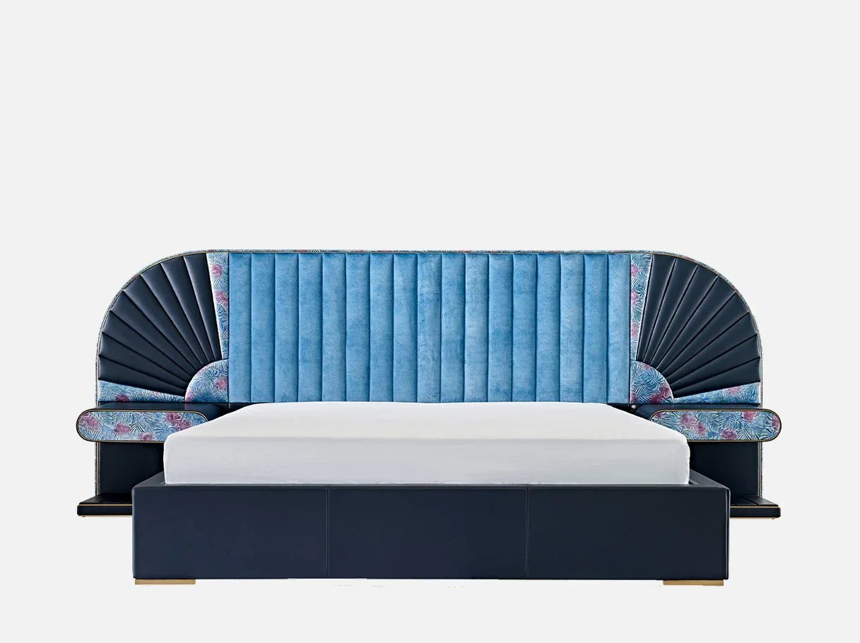 Front view of MB-3167-1 art deco bed — high-end bed with fan-shaped blue velvet headboard, embossed leather trim, and brass-plated accents