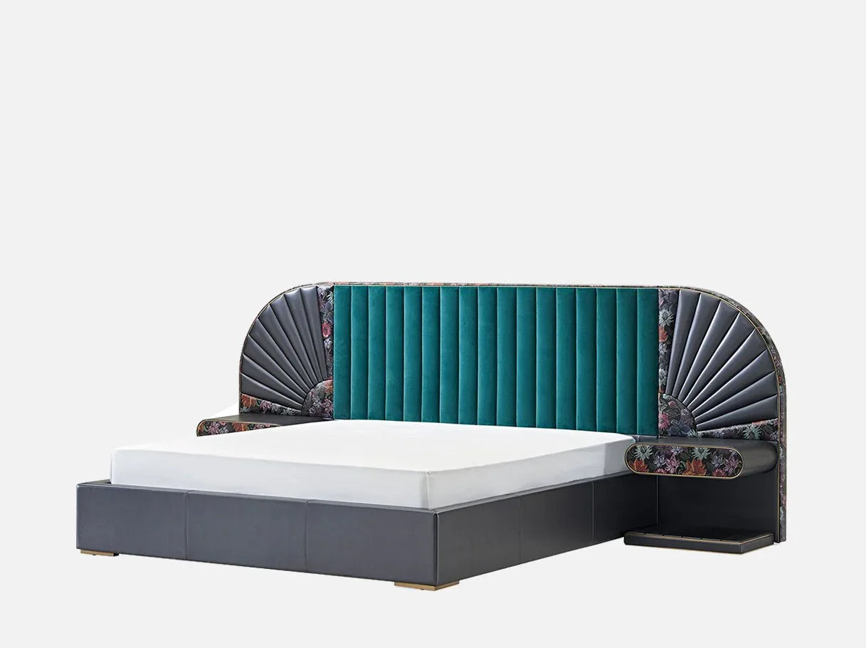 Angle view of MB-3167-2 art deco bed showcasing 304 stainless steel brass-plated details and Art Deco-inspired fan-shaped design