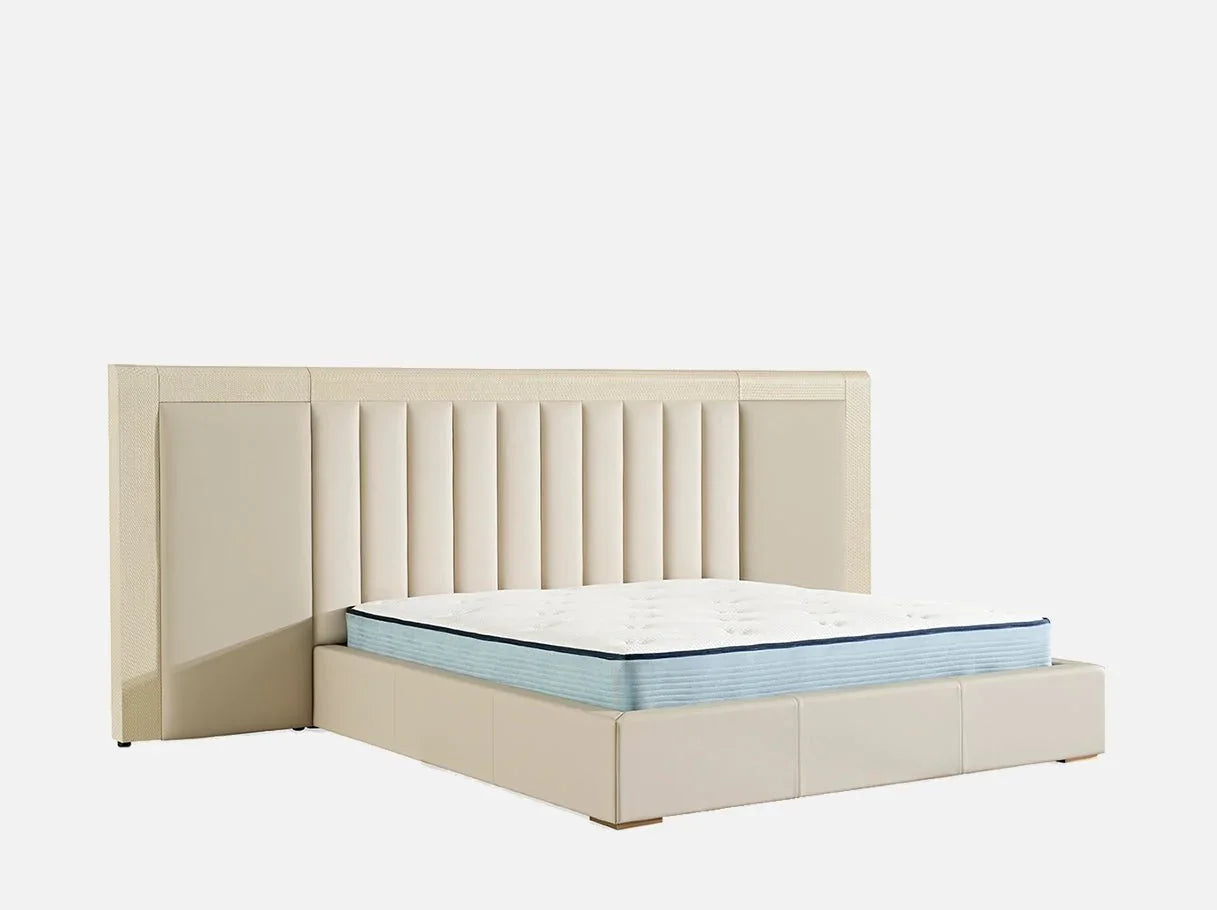 Angle view of MB-3188 high end bedroom furniture showcasing 304 stainless steel brass-plated details and oversized mattress area