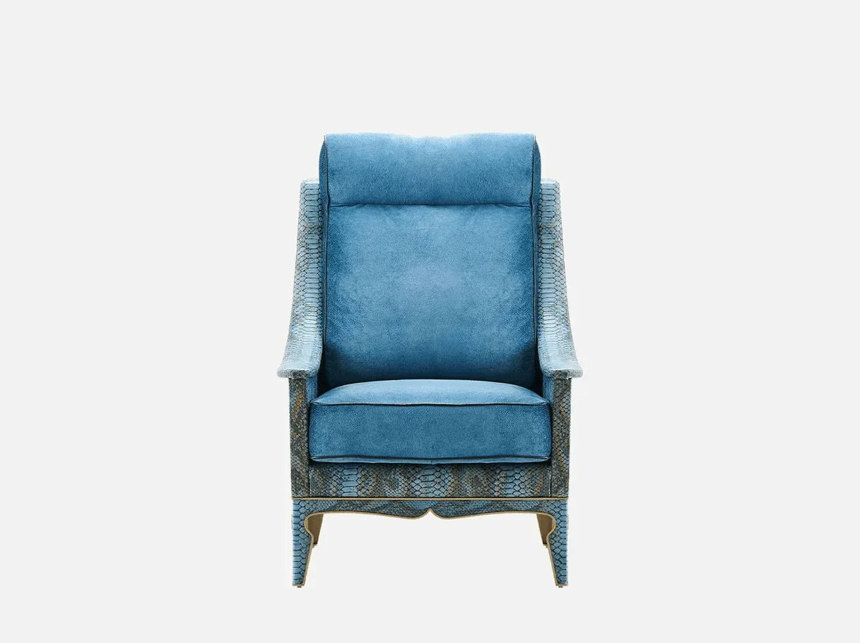 Front view of MA-579 modern wingback chair in soft blue velvet with snake-embossed cowhide accents – Art Deco-inspired luxury furniture