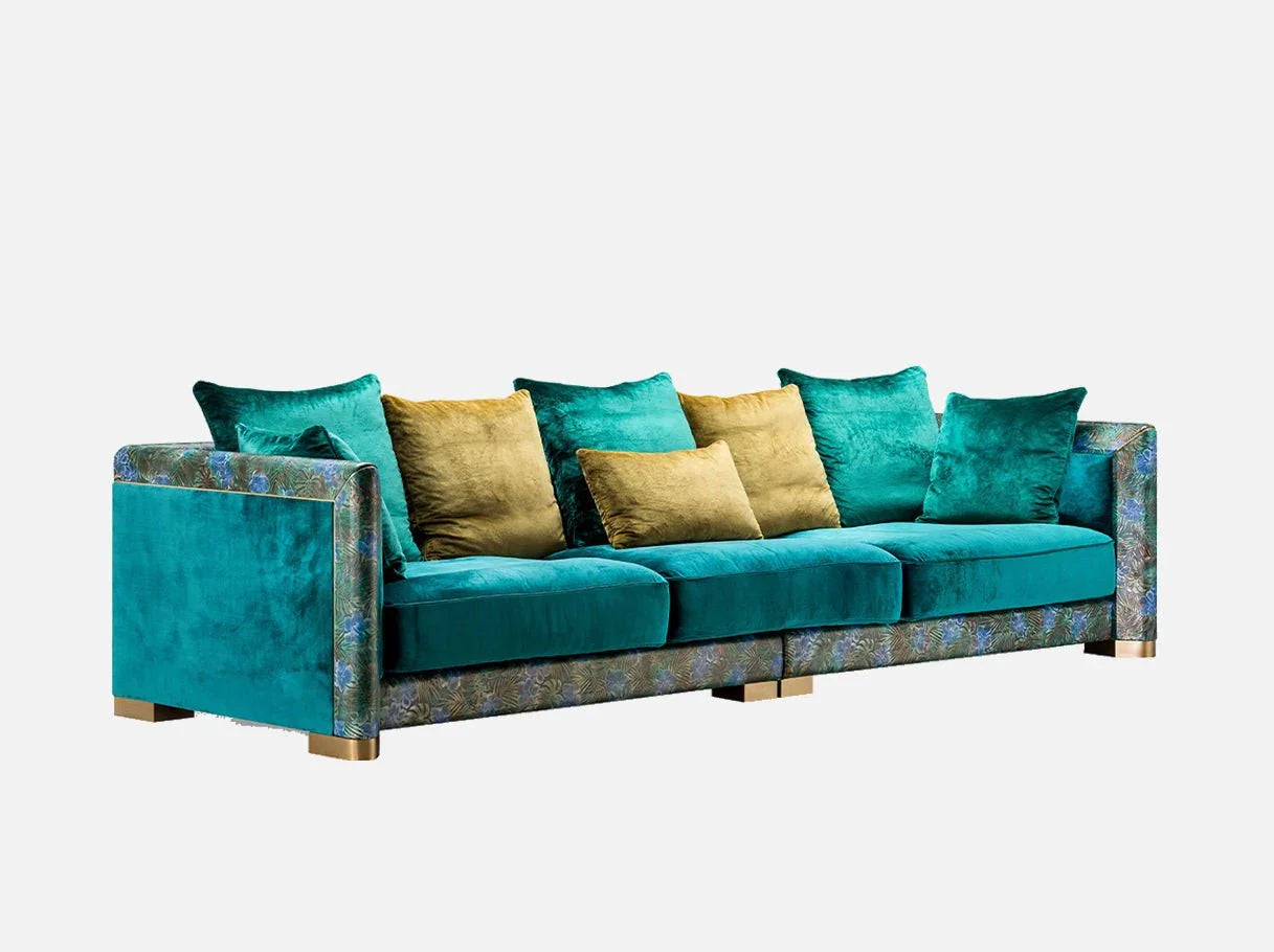 Side view of modern style sofa upholstered in embossed cowhide leather with art deco furniture inspiration