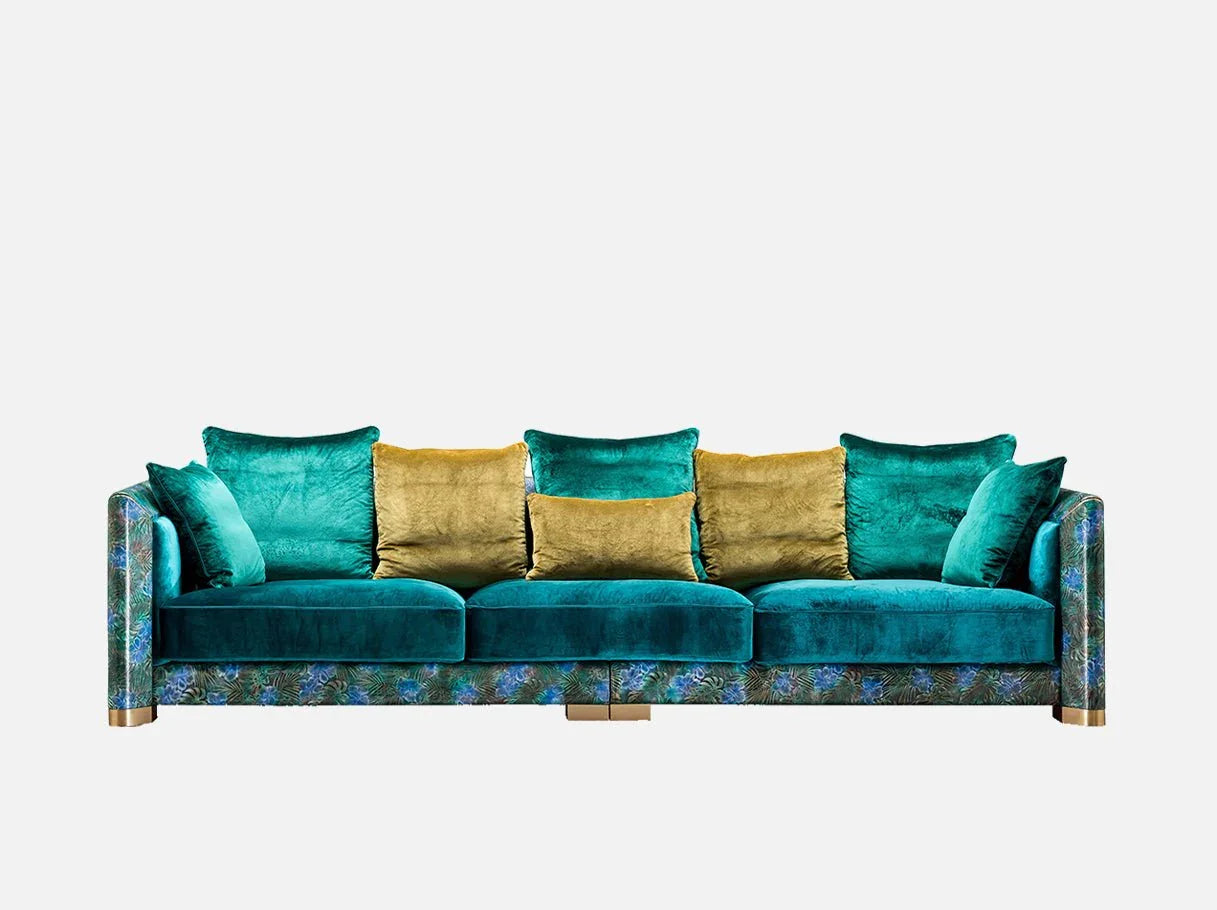 Modern style sofa MS-0592 with brass-plated stainless steel frame and velvet cushions in luxury living room design